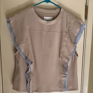Anthropologie Beige Top with Blue-Striped Ruffle Trim